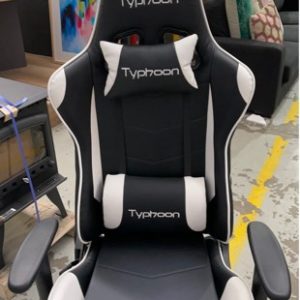 EX DISPLAY - BLACK & WHITE GAMING CHAIR WITH RECLINE FUNCTION ADJUSTABLE ARMS AND CUSHIONS RRP$199