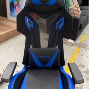 EX DISPLAY - BLACK & BLUE GAMING CHAIR WITH HEIGHT ADJUSTMENT CHAIR TILT ARM HEIGHT ADJUSTMENT WITH CUSHIONS RRP$249