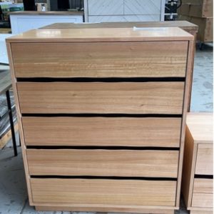 EX DISPLAY - LUNA NATURAL TIMBER TALLBOY WITH 5 DRAWERSSOLD AS IS