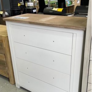 EX DISPLAY - WHITE TALLBOY WITH TIMBER TOP 4 DRAWER SOLD AS IS