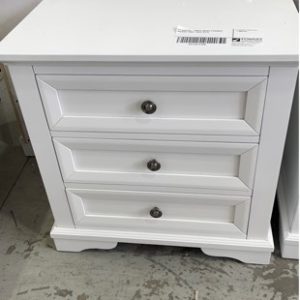EX DISPLAY - WHITE AKIRA 3 DRAWER BEDSIDE TABLE SOLD AS IS