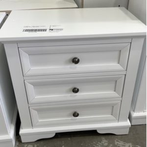 EX DISPLAY - WHITE AKIRA 3 DRAWER BEDSIDE TABLE SOLD AS IS