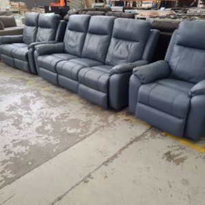 SECONDS - BLUE LEATHER 3 SEATER COUCH 2 SEATER COUCH & SINGLE ARM CHAIR ELECTRIC RECLINERS **PEELING ON FEET AREA ON 2 SEATER SOLD AS IS****