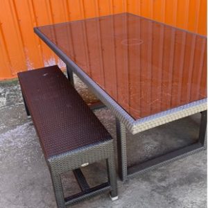 EX HIRE - OUTDOOR RATTAN TABLE WITH GLASS TOP AND 2 BENCH SEATS SOLD AS IS
