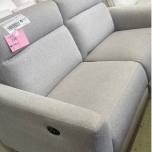 BRAND NEW ANGIE 2 SEATER COUCH IN FABRIC SILVER WITH ELECTRIC RECLINERS SOLD AS IS