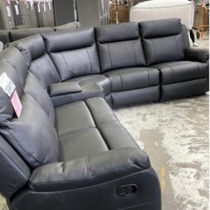 BRAND NEW THICK BLACK LEATHER CORNER COUCH WITH MANUAL RECLINERS SOLD AS IS
