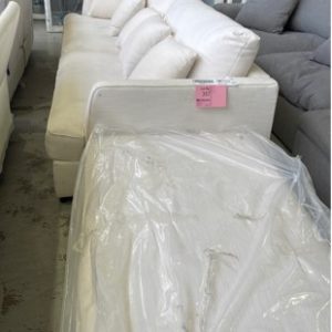 EX DISPLAY STATTON 4 SEATER COUCH IN SNOW FABRIC FEATHER SEATS WITH LONG OTTOMAN ALL FEATHER SOLD AS IS