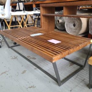 EX-HIRE TIMBER 1400MM WIDE COFFEE TABLE WITH METAL LEGS SOLD AS IS
