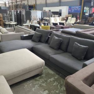 EX-HIRE DARK GREY 3 SEAT COUCH WITH LEFT HAND CHAISE SOLD AS IS