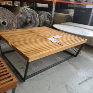 EX-HIRE TIMBER 1080MM SQUARE COFFEE TABLE WITH METAL LEGS SOLD AS IS