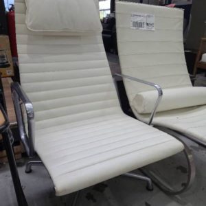 EX-HIRE CREAM HIGH BACKED LOW CHAIR SOLD AS IS