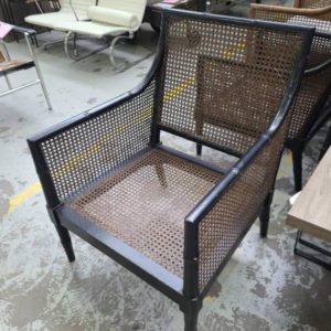 EX-HIRE DARK BROWN WICKER CHAIR WITH NO CUSHION SOLD AS IS