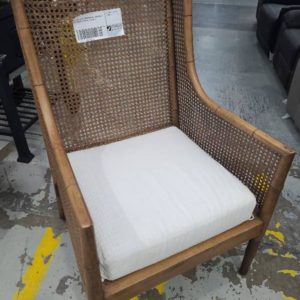 EX-HIRE LIGHT BROWN WICKER ARMCHAIR WITH WHITE CUSHION SOLD AS IS