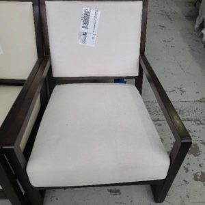 EX-HIRE CREAM LOW ARMCHAIR WITH DARK BROWN FRAME SOLD AS IS