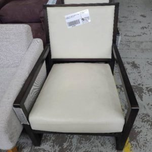 EX-HIRE WHITE LOW ARMCHAIR WITH DARK BROWN FRAME SOLD AS IS