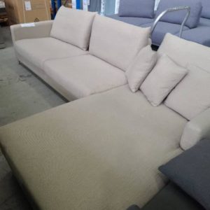 EX-HIRE BEIGE 3 SEAT COUCH WITH RIGHT HAND CHAISE SOLD AS IS