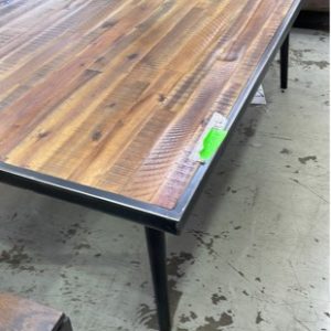 EX HIRE - TIMBER DINING TABLE 2000MM LONG EDGED WITH METAL SOLD AS IS