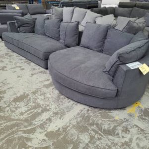 EX DISPLAY JAI FEATHER COUCH WITH CURVED CHAISE STORM GREY FABRIC SOLD AS IS RRP$2499