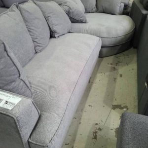 EX DISPLAY JAI FEATHER COUCH WITH CURVED CHAISE STORM GREY FABRIC SOLD AS IS RRP$2499