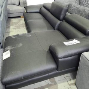 EX DISPLAY BOSTON FULL THICK BLACK LEATHER 3 SEATER COUCH WITH MANUAL RECLINER EACH END SOLD AS IS