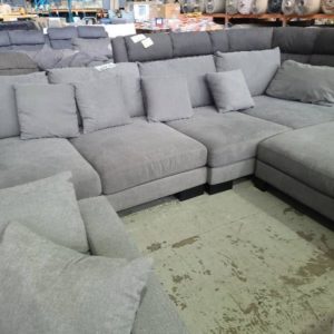 EX DISPLAY MANHATTAN STORM FABRIC OVERSIZE 5 SEATER MODULAR COUCH WITH OTTOMAN SOLD AS IS
