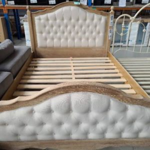 NEW FRENCH OAK FABIAN QUEEN BED FRAME WITH CREAM UPHOLSTERED HEAD & FOOT BOARD