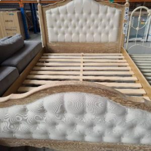NEW FRENCH OAK FABIAN KING BED FRAME WITH CREAM UPHOLSTERED HEAD & FOOT BOARD