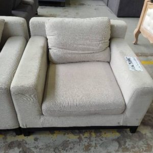 EX HIRE - LIGHT GREEN MATERIAL ARM CHAIR FADED SOLD AS IS