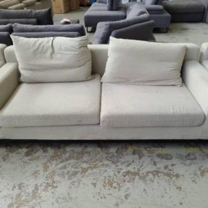 EX HIRE - LIGHT GREEN MATERIAL 2.5 SEATER COUCH FADED SOLD AS IS