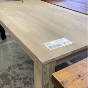 EX HIRE - TIMBER DINING TABLE 1800MM LIGHT TIMBER SOLD AS IS
