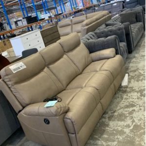EX DISPLAY DUSTY THICK LEATHER TAUPE 3 SEATER COUCH WITH 2 ELECTRIC RECLINERS RRP$2999