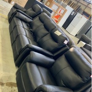 EX DISPLAY LEXI THICK BLACK LEATHER LOUNGE SUITE 3 SEATER & 2 ARM CHAIRS ELECTRIC RECLINERS & HEADRESTS POCKET SPRING SEATS RRP$5999