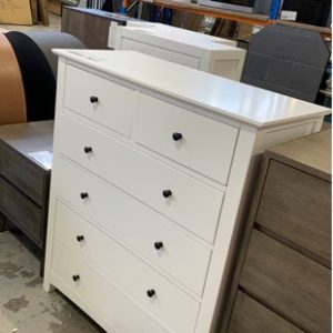 EX DISPLAY TILLY 6 DRAWER WHITE TIMBER TALLBOY RRP$1099 SOLD AS IS