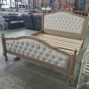 FRENCH PROVINCIAL OAK FABIAN KING SIZE BED FRAME WITH UPHOLSTERED HEAD BOARD AND FOOT BOARD.