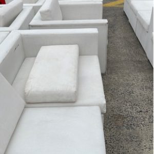 EX HIRE WHITE OUTDOOR LOUNGE 3 SEATER & 2 SEATER AND SINGLE ARM CHAIR SOLD AS IS