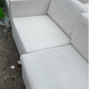 EX HIRE WHITE OUTDOOR LOUNGE 2 SEATER & SINGLE ARM CHAIR SOLD AS IS
