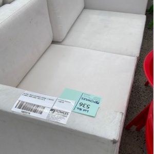 EX HIRE WHITE OUTDOOR LOUNGE 2 SEATER & SINGLE ARM CHAIR SOLD AS IS