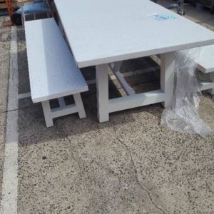 EX DISPLAY WHITE COMPOSITE STONE DINING TABLE WITH OUTDOOR BENCH SEATS *VERY HEAVY* SOME SLIGHT CHIPS SOLD AS IS