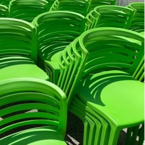 BRAND NEW GREEN ACRYLIC CAFE/OUTDOOR DINING CHAIR STACKABLE