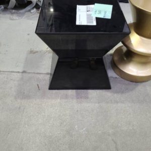 EX HIRE - BLACK GLASS SIDE TABLE SOLD AS IS CHIPPED CORNER