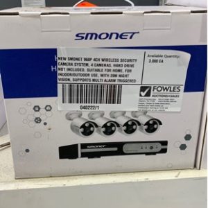 NEW SMONET 960P 4CH WIRELESS SECURITY CAMERA SYSTEM 4 CAMERAS HARD DRIVE NOT INCLUDED SUITABLE FOR HOME FOR INDOOR/OUTDOOR USE WITH 20M NIGHT VISION SUPPORTS MULTI ALARM TRIGGERED & ALARM ALERT VIEW LIVE VIDEO REMOTELY BY PHONE & PAD 12 MONTH WARRANTY