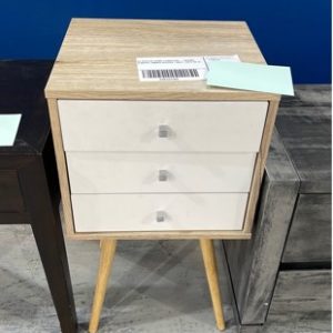 EX DISPLAY HOME FURNITURE - BROWN & WHITE TIMBER BEDSIDE TABLE SOLD AS IS