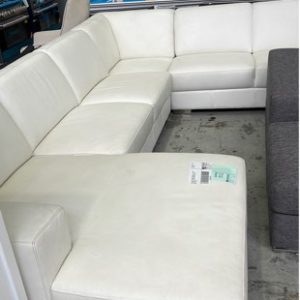 EX DISPLAY HOME FURNITURE - WHITE LEATHER 6 SEATER CORNER COUCH SOLD AS IS