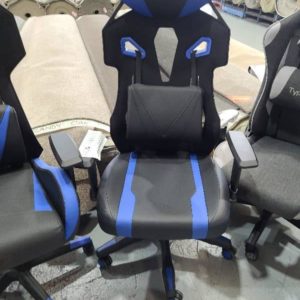 SAMPLE CHAIR - BLUE & BLACK GAMING CHAIR 130KG WEIGHT CAPACITY CHAIR TILT SEAT HEIGHT ADJUSTABLE LUMBAR CUSHION HEIGHT ADJUSTABLE ARM RESTS RETAIL $249