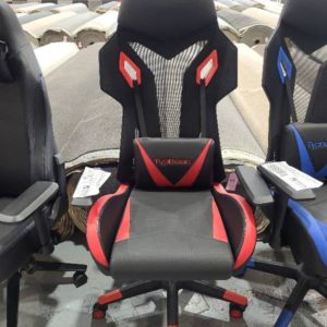 SAMPLE CHAIR - RED & BLACK GAMING CHAIR 130KG WEIGHT CAPACITY CHAIR TILT SEAT HEIGHT ADJUSTABLE LUMBAR CUSHION HEIGHT ADJUSTABLE ARM RESTS RETAIL $249