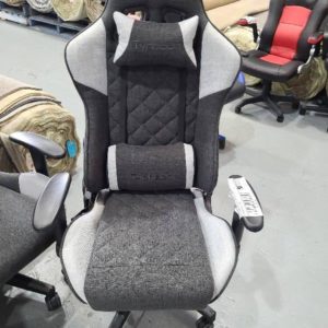 SAMPLE CHAIR - GREY FABRIC GAMING CHAIR 120KG WEIGHT CAPACITY SEAT HEIGHT ADJUSTMENT AND TILE HEADREST & LUMBAR CUSHION RETAIL $199