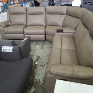 EX DISPLAY GOLIATH THICK TAUPE LEATHER CORNER MODULAR COUCH MANUAL RECLINERS WITH STORAGE MODULE