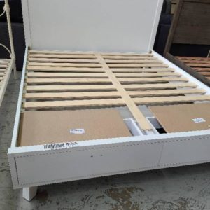 EX DISPLAY SANTINO KING BED WITH 2 DRAWERS ACACIA TIMBER WHITE STAINED SOLD AS IS