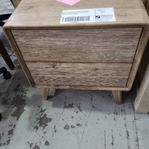 EX DISPLAY BRAGA 2 DRAWER BEDSIDE TABLE ACACIA TIMBER BRUSHED GREY CURVED EDGES RRP$549