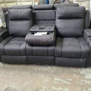 EX DISPLAY PARAMOUNT CHARCOAL SUPER SUEDE FABRIC 3 SEATER COUCH WITH ELECTRIC RECLINERS AND HEADRESTSWITH PULLDOWN DRINKS HOLDER & CHARGER AREA SOLD AS IS